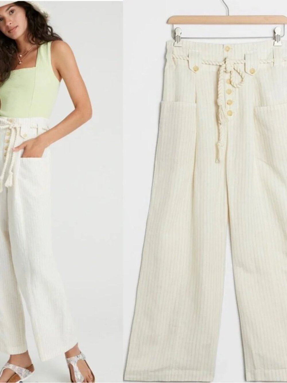 MAEVE Anthropologie Lilianna Pants Womens 0 White Stripe‎ Belted Linen Wide Leg